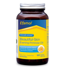 A bottle of Efamol Beautiful-Skin Evening Primrose Oil softgels with the label showing the product name and information that it's free from added yeast, sugar, gluten, wheat, milk derivatives, corn starch, GMO, and artificial flavors.