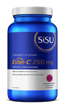 A bottle of Sisu Ester-C Wildberry chewable tablets, containing 120 tablets with 250 mg of Vitamin C, featuring vibrant wildberry-themed packaging in purple and berry colors.