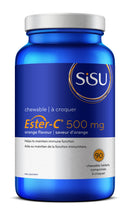A blue bottle of SiSU Ester-C 500 mg chewable tablets in orange flavor with 90 chewable tablets inside.