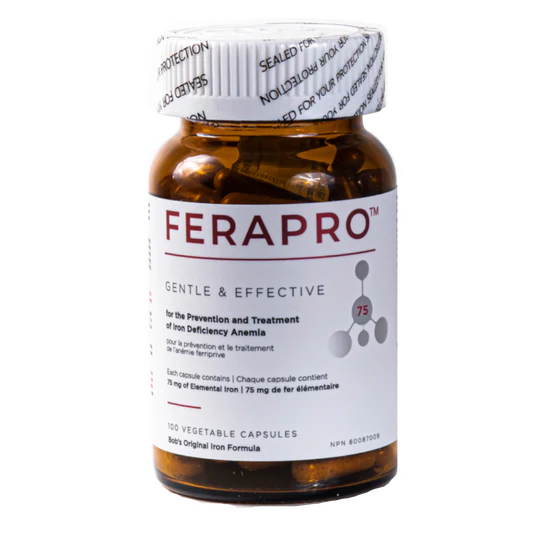 A bottle of Ferapro iron supplements with 100 vegetable capsules, labeled as gentle and effective for the prevention and treatment of iron deficiency anemia.