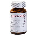 A bottle of Ferapro iron supplements with 100 vegetable capsules, labeled as gentle and effective for the prevention and treatment of iron deficiency anemia.