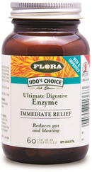 A bottle of Flora Udo's Choice Ultimate Digestive Enzyme in VCaps with a label showing the product name and benefits, such as 'immediate relief' and 'reduces gas and bloating'. The bottle contains 60 vegetarian capsules.