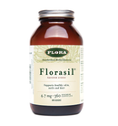 Close-up of Flora Florasil vegetarian capsules in a blister pack next to the bottle.
