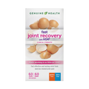 Packaging of Genuine Health Fast Joint Care+ capsules with the product name and benefits highlighted, including mentions of clinical strength, fast joint recovery, and gluten-free, dairy-free contents.
