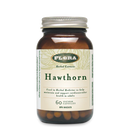 A bottle of Flora Hawthorn 150 mg capsules with 60 VCaps. The label shows the Flora logo, product name, and additional details about the herbal supplement.