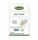 Packaging of Flora Holy Basil Tea with illustration of basil and other herbs, indicating it is a caffeine-free herbal tea with 16 tea bags in the package.