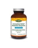 A bottle of Flora Udo's Choice Ultimate Digestive Enzyme in VCaps with a label showing the product name and benefits such as 'immediate relief', 'reduces gas and bloating'. The bottle contains 60 capsules.