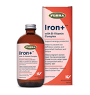 Flora Iron+ liquid supplement BONUS PACK showing two bottles (445 mL + 240 mL) with clear labeling and natural health product branding.
