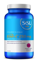 Bottle of Sisu Kids Ester-C 250 mg in Wildberry flavor, containing 120 chewable tablets, designed to support children's immune health with a gentle, non-acidic form of vitamin C.