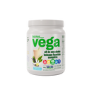 Blender filled with smoothie made from Vega All-In-One Shake in French Vanilla flavor with banana slices nearby