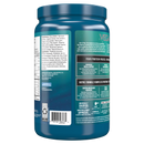 Blue protein powder container with text and labels on a white background