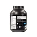 Black protein powder container with labels on a white background
