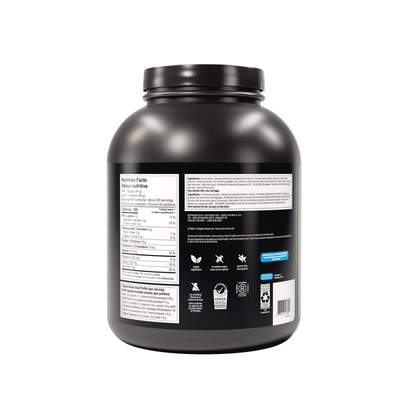 Black protein powder container with labels on a white background