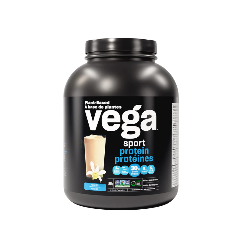 Vega protein powder container on a white background