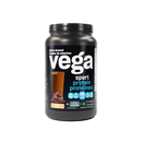 Front view of Vega Sport Protein Mocha (812 g) tub: The container showcases a rich mocha-colored label featuring the Vega Sport logo, emphasizing its plant-based, gluten-free, and NSF Certified for Sport status.