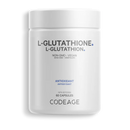 White plastic bottle labeled ‘Codeage L‑Glutathione 60 Capsules’ with gold and navy accents on the label, showing the brand logo and product name.