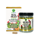 A close-up of LeafSource Real Multi capsules, highlighting their plant-based composition and the use of cold water extraction to preserve nutrient integrity.