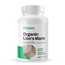 Close-up of Vitasave Organic Lion's Mane label, showcasing USDA Organic certification and vegan-friendly formula.