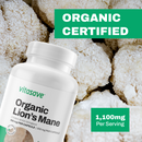 Vitasave Organic Lion's Mane capsules spilling out of the bottle, emphasizing clean, plant-based ingredients.