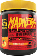 Container of Mutant MADNESS pre-workout supplement in Peach Mango flavor, with a yellow lid and label showing the product name and flavor.