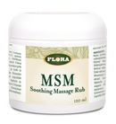 A container of Flora MSM Soothing Massage Rub with a label showing product details.
