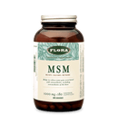 A bottle of Flora MSM Methyl Sulfonyl Methane 1000 mg capsules with 180 VCaps.