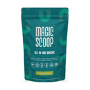 Magic Scoop All-In-One Nutritional Greens bag, 312 grams, featuring vibrant green powder and natural ingredients illustration on packaging.