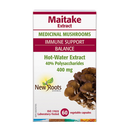 Packaging of New Roots Maitake Extract with 60 vegetable capsules. The label shows the product name, a picture of maitake mushrooms, and mentions that it is a hot-water extract with 40% polysaccharides, 400 mg per capsule.