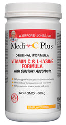 Medi-C Plus Vitamin C & L-Lysine Formula with Calcium Ascorbate in a 600g unflavoured powder container.
