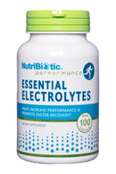 Front view of Nutribiotic Essential Electrolytes bottle containing 100 vegetarian capsules, designed to support hydration and muscle function.
