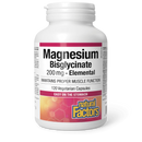 Front view of a white bottle labeled 'Natural Factors Magnesium Bisglycinate 200 mg' with a pink and orange gradient design, indicating support for muscle function and stress relief.