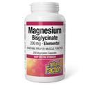 Close-up of a bottle of Natural Factors Magnesium Bisglycinate 200 mg capsules, highlighting the product's vegan-friendly and non-GMO certification.