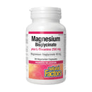 Bottle of Natural Factors Magnesium Bisglycinate Plus L-Theanine, containing 90 vegetarian capsules. The product promotes relaxation and supports muscle function, featuring a blend of magnesium bisglycinate and L-theanine for stress relief.