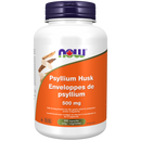 A bottle of NOW Psyllium Husk 500 mg with 200 vegetable capsules. The label is white with orange and blue text, and an illustration of psyllium husk fibers.