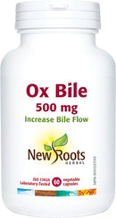 A bottle of New Roots Ox Bile 500 mg vegetarian capsules designed to support digestion.