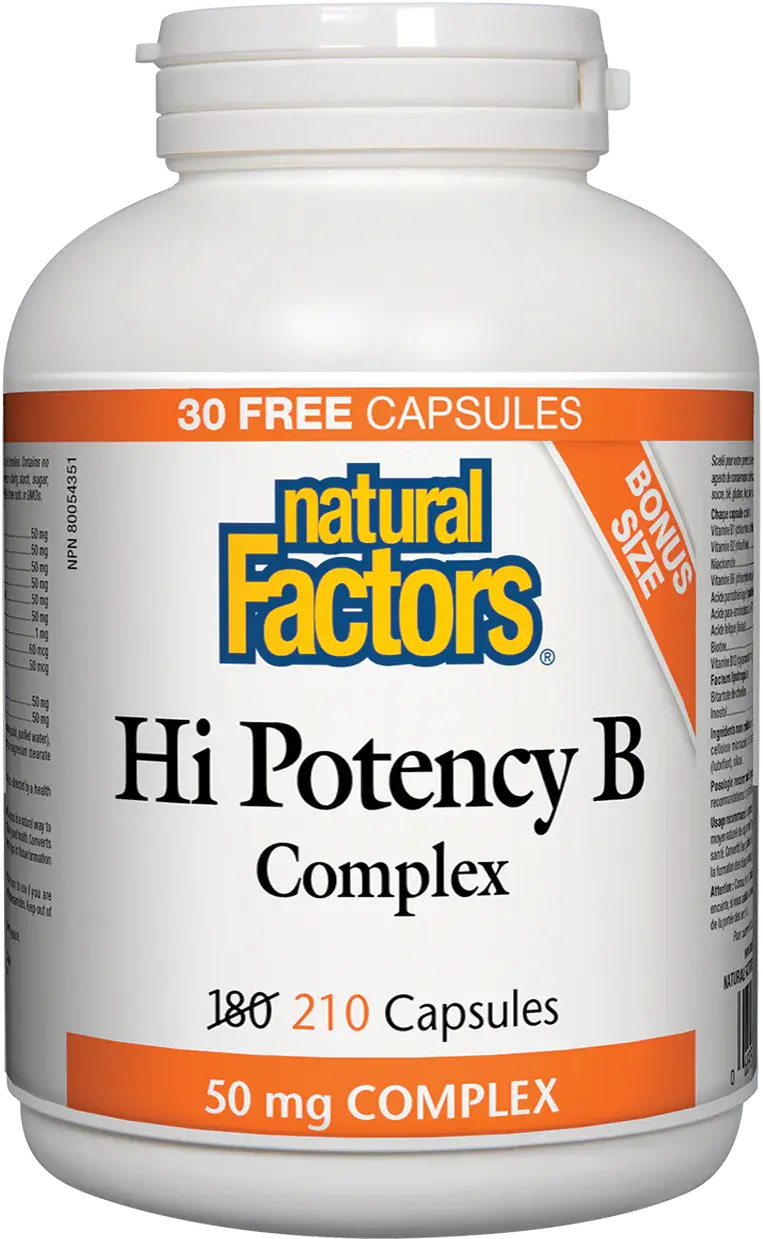 Natural Factors Hi Potency B Complex supplement bottle on a white background