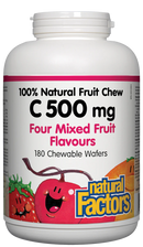 A bottle of Natural Factors C Natural Fruit Chews 500 mg with four mixed fruit flavors. The bottle contains 90 chewable wafers.