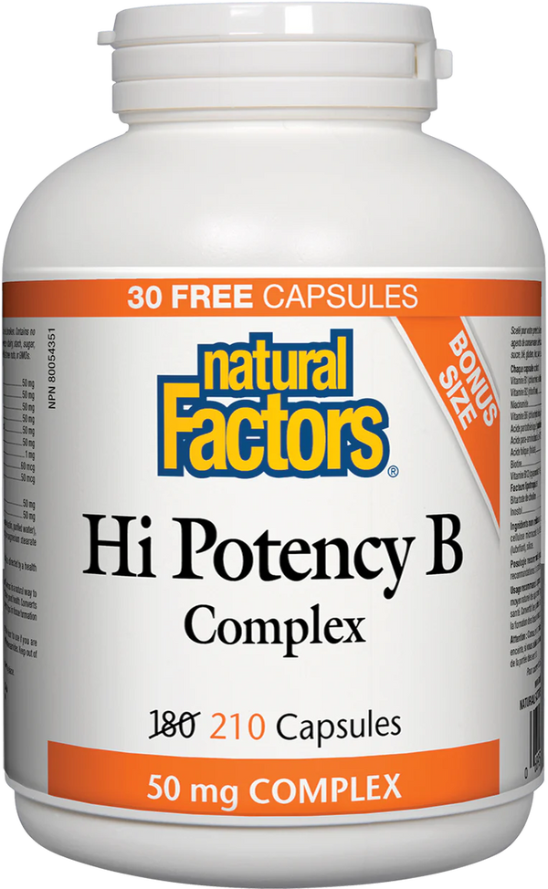 Natural Factors Hi Potency B Complex supplement bottle on a white background
