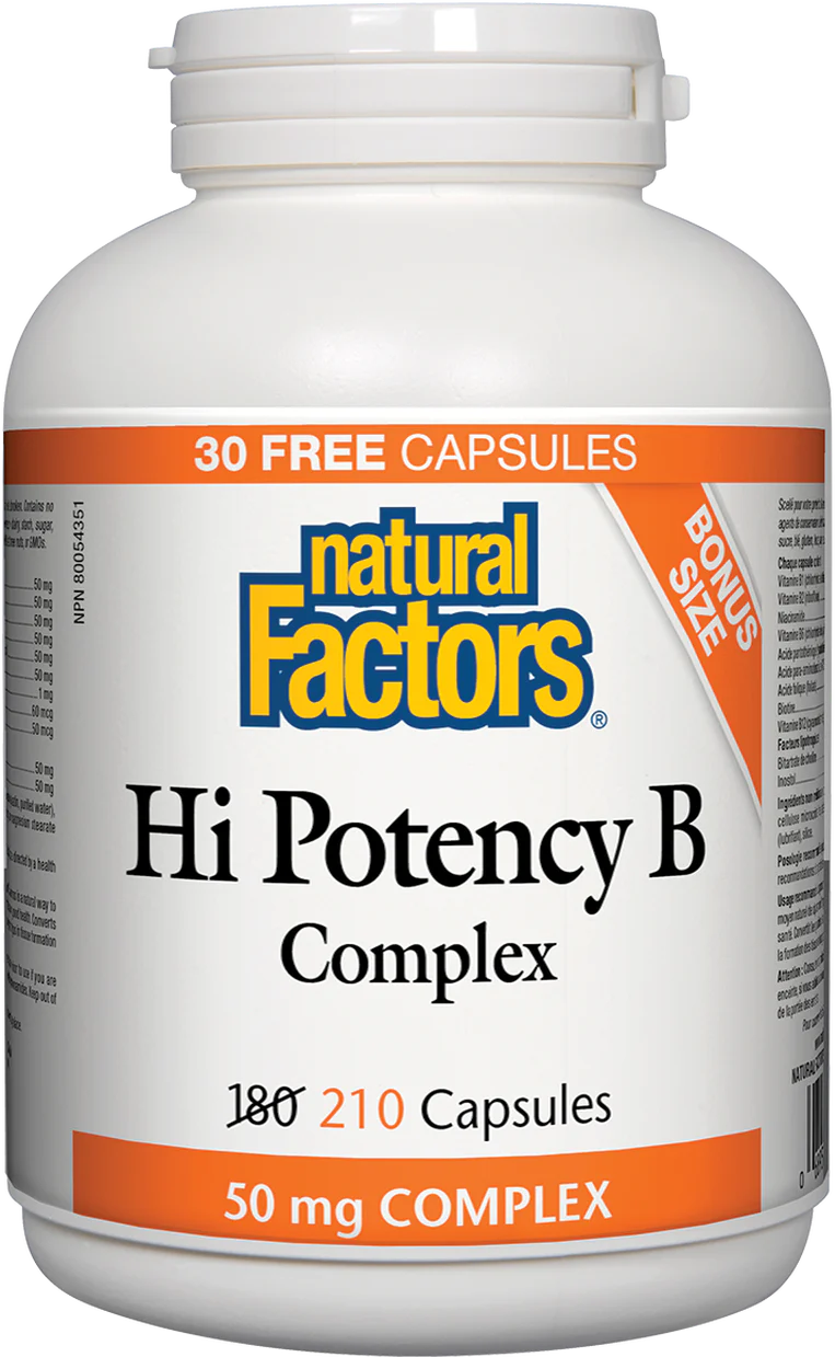 Natural Factors Hi Potency B Complex supplement bottle on a white background