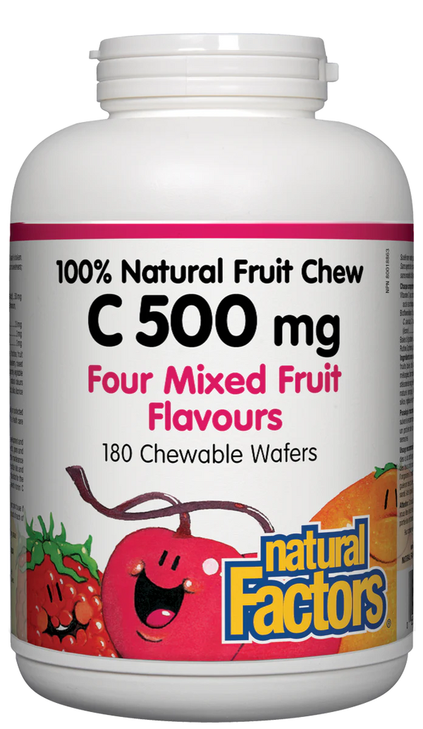 White supplement bottle labeled '100% Natural Fruit Chew C 500 mg' with colorful graphics on a white background