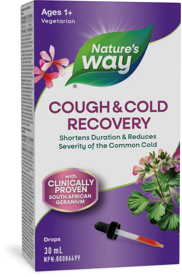 Nature's Way Cough & Cold Recovery packaging with dropper on a purple background