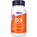 A bottle of NOW D3 High Potency Softgels with a label showing 2500 IU dosage and containing 180 softgels.