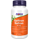 A bottle of NOW Saffron (60 VCaps) with a label showing the product name and the amount of saffron stigma powder per capsule.