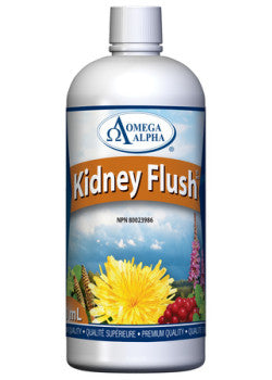 Omega Alpha Kidney Flush 500 g powder supplement container front view.