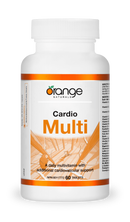 A bottle of Orange Naturals Cardio Multi dietary supplement with 60 tablets, featuring a white and orange label design.