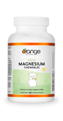 Orange Naturals Kids Magnesium Chewables bottle containing 120 tablets, each with 50 mg of magnesium, designed as a tasty, chewable supplement to support children's bone health, muscle function, and overall wellness. The packaging features bright orange and white colors with kid-friendly graphics.