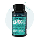 A bottle of Freshfield Ocean Saving Omega fish oil replacement capsules with a label indicating it is a vegan, carbon neutral, and plastic negative product.