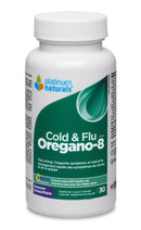 A bottle of Platinum Naturals Cold & Flu Oregano-8 supplement with gel capsules.