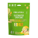 Packaging of Organika Electrolytes Liver Care in Lemon Honey Ginger flavor, with 20 servings per container, weight is 120 grams.