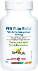 A bottle of New Roots PEA Pain Relief capsules, with the label showing the product name and the strength of 600 mg.